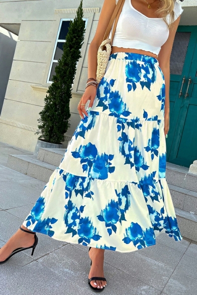 Unique Women Skirt Floral Pattern Elastic High Waist Long Length A-Line Skirt