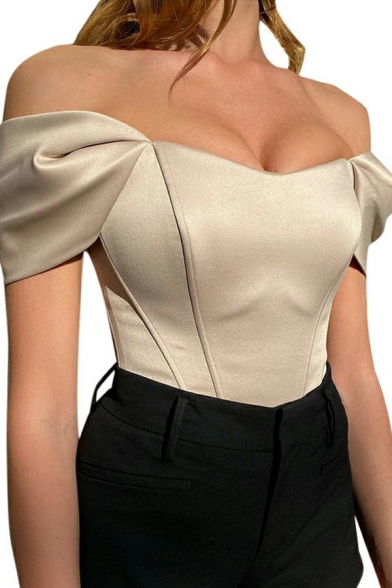 Women Formal T-shirt Whole Colored Off The Shoulder Cap Sleeves Slim Fitted Crop Tee Shirt