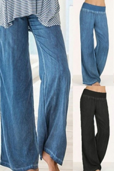 Women Leisure Jeans Whole Colored Elastic Waist Baggy Full Length High Rise Flare Jeans