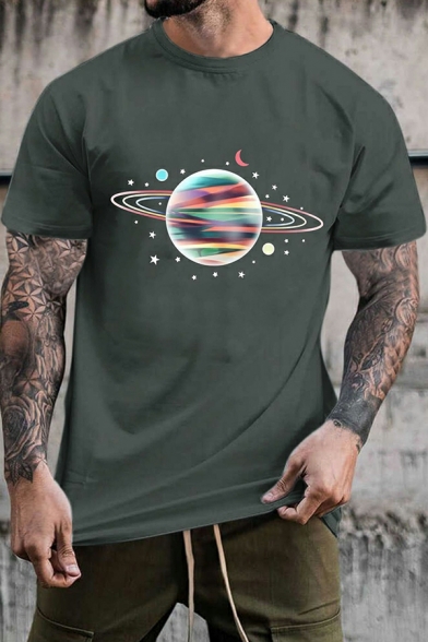 Guy's Creative Tee Shirt Planet Print Short Sleeves Round Collar Regular Fit T-Shirt