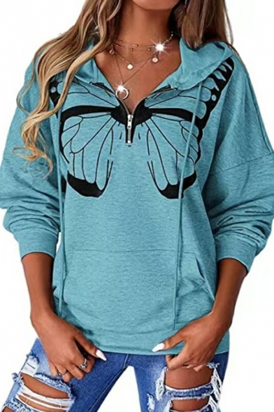 Hot Ladies Hoodie Butterfly Pattern Regular Hooded Zipper Long-Sleeved Drawstring Hoodie