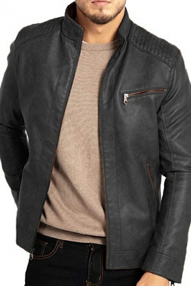 Men Dashing Leather Jacket Plain Stand Collar Full Zipper Leather Jacket