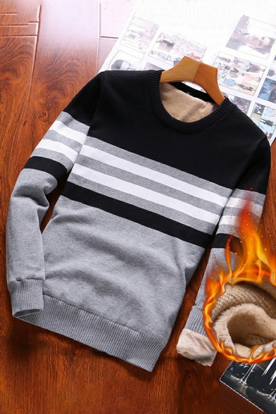 Men Modern Sweater Stripe Printed Round Neck Brushed Ribbed Trim Sweater