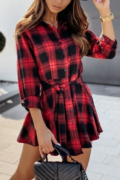 Modern Dress Checked Print Long-sleeved Turn-down Collar Lace-up Shirt Dress for Girls