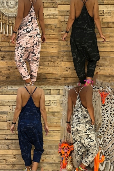 Popular Girls Jumpsuits Camouflage Print Spaghetti Straps Cross Back Oversized Jumpsuits