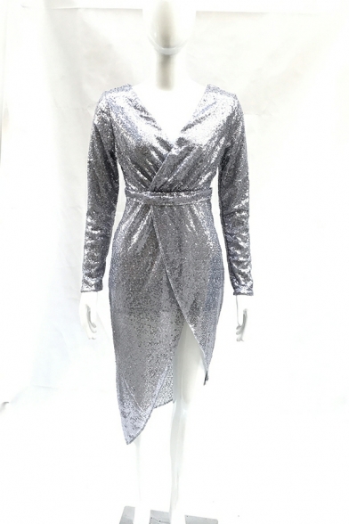 Popular Women's Dress Plain V Neck Sequined Midi Long Sleeve Irregular Hem Bodycon Dress