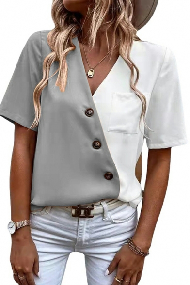 Retro Shirt Color Block V Neck Short Sleeve Regular Chest Pocket Button Shirt for Ladies
