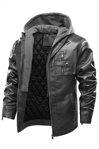 Street Look Men Jacket Solid Color Hooded Fitted Pocket Long Sleeves Zipper Leather Jacket