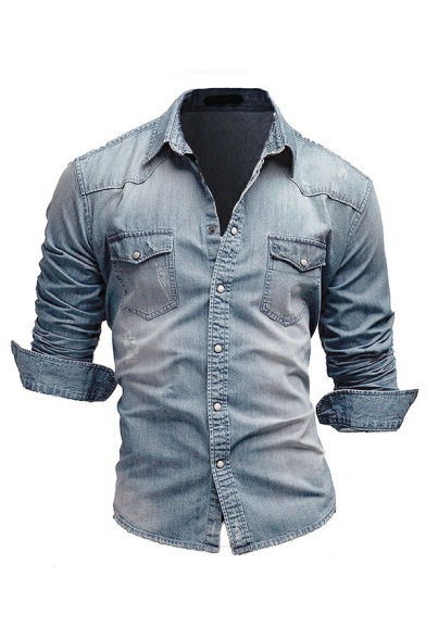 Urban Jacket Whole Colored Front Pocket Turn-down Collar Button-up Denim Jacket for Men