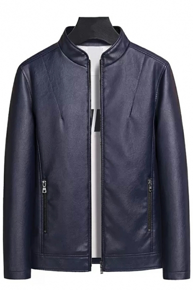 Urban Mens Jacket Solid Pocket Stand Collar Long Sleeve Regular Zip down Leather Jacket