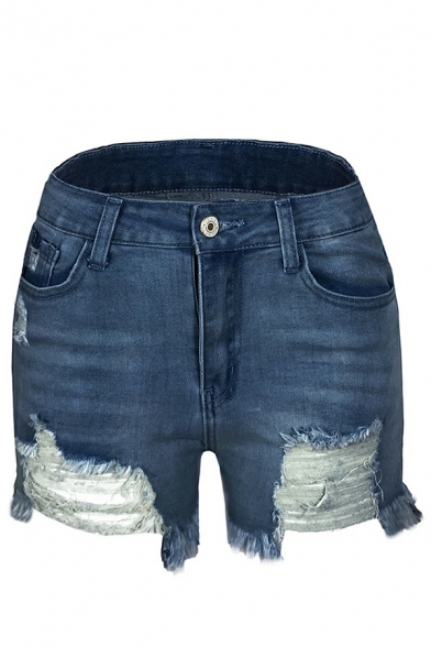 Vintage Women Shorts Solid Broken Hole Detail Mid Waist Zip Closure Denim Shorts