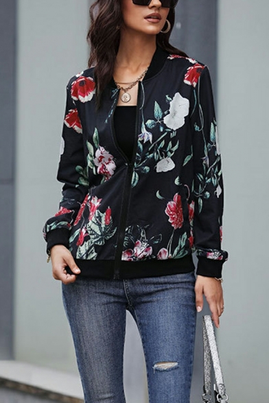 Women Simple Casual Jacket Floral Patterned Stand Collar Full Zip Casual Jacket