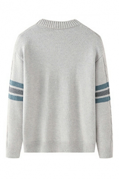 Casual Sweater Stripe Patterned Round Neck Ribbed Trim Sweater for Men