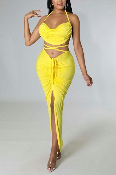 Couture Women Co-ords Solid Color Halter Backless Crop Tank Ruched Split Front Skirt Set