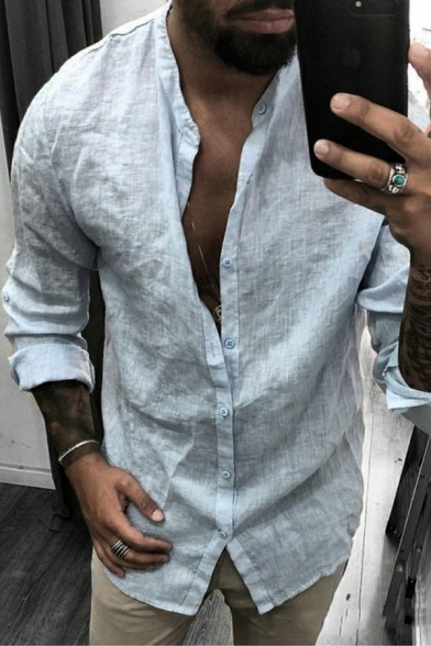 Dashing Shirt Plain Long Sleeves Crew Collar Regular Fitted Button Placket Shirt for Men