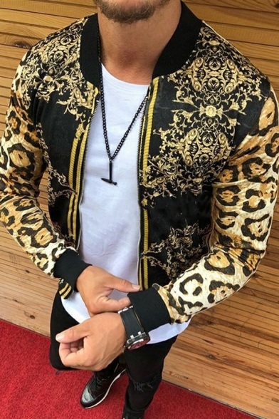 Elegant Boys Jacket Leopard Print Zip-up Long Sleeve Stand Collar Slimming Bomber Jacket