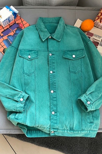 Guys Street Style Jacket Plain Front Pocket Spread Collar Button down Baggy Denim Jacket