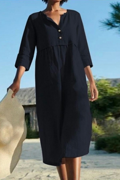 Hot Dress Solid Color Half Sleeve Round Neck Pocket Detail Midi T-shirt Dress for Women