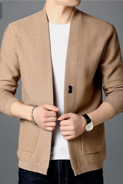 Leisure Cardian Plain Stand Collar Long Sleeves Button Closure Cardian for Men