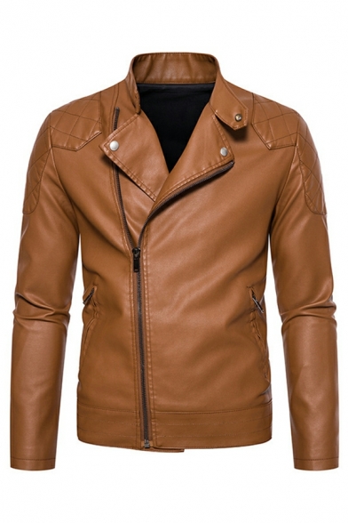 Men Retro Leather Jacket Plain Stand Collar Full Zipper Leather Jacket