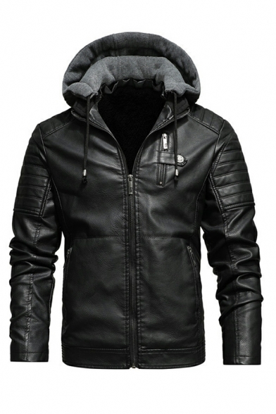 Men Trendy Leather Jacket Plain Hooded Brushed Full-Zip Leather Jacket