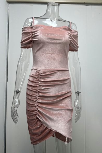 Sexy Women's Dress Plain Irregular Hem Spaghetti Straps Ruched Detail Short Sleeve Dress