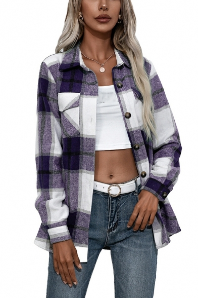 Street Look Shirt Checked Print Spread Collar Long Sleeves Pocket Button Shirt for Ladies