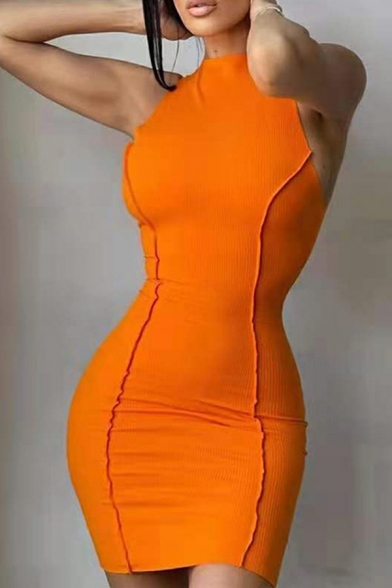 Women Edgy Dress Pure Color Sleeveless Mini Length Halter Bodycon Dress