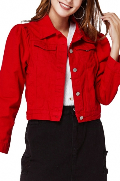 Women Leisure Denim Jacket Plain Spread Collar Button down Short Denim Jacket
