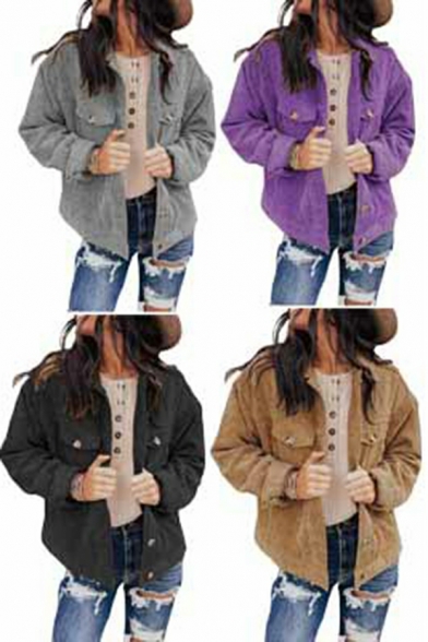 Elegant Girls Jacket Pure Color Pocket Long Sleeve Spread Collar Button Placket Jacket