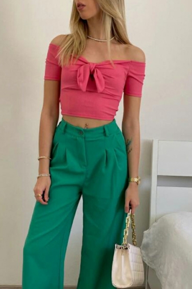 Fashionable T-Shirt Solid Color Off Shoulder Bow-Tied T-Shirt for Women