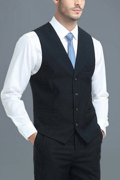 Guy's Cozy Suit Waistcoat Pure Color V-Neck Sleeveless Fitted Single Breasted Suit Vest
