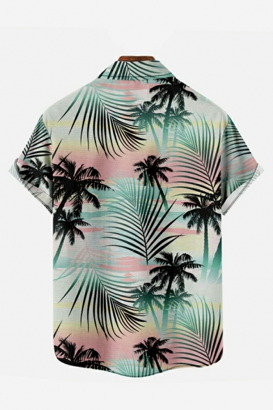 Guys Boyish Shirt Tropical Print Pocket Spread Collar Short Sleeves Fitted Button-up Shirt