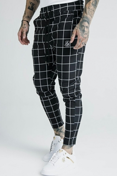 Men Fashionable Pants Square Print Elastic Waist Full Length Pants