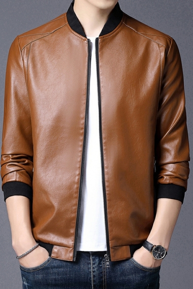 Men Leisure Leather Jacket Solid Color Stand Collar Full Zip Leather Jacket