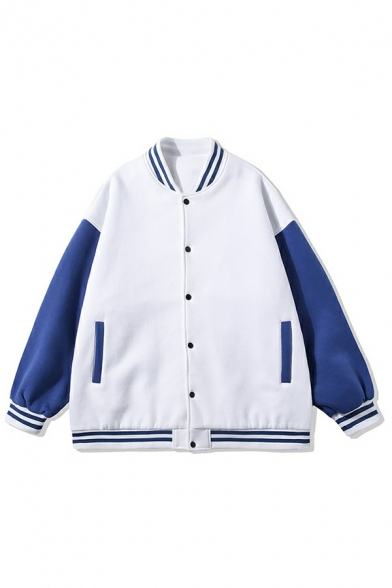Mens Unique Jacket Contrast Stripe Pocket Stand Collar Relaxed Button Fly Baseball Jacket