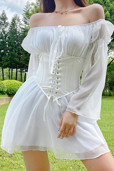Popular Women's Dress Plain off The Shoulder Long Trumpet Sleeve Criss Cross A-Line Dress