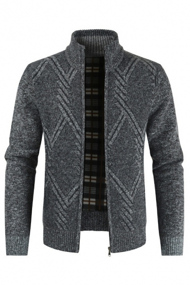 Sporty Cardigan Heathered Stand Collar Full Zipper Ribbed Trim Cardigan for Men