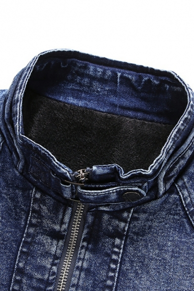 Boy's Hot Jacket Plain Pocket Designed Stand Collar Slimming Zip Placket Denim Jacket