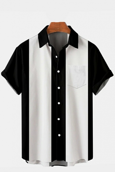 Cozy Men Shirt Striped Printed Pocket Button Turn-down Collar Short Sleeves Relaxed Shirt