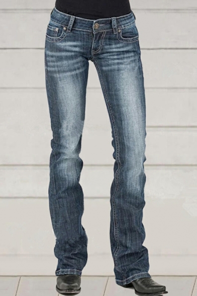 Dashing Ladies Jeans Solid Color Acid Wash Regular Long Length Pocket Zipper Jeans