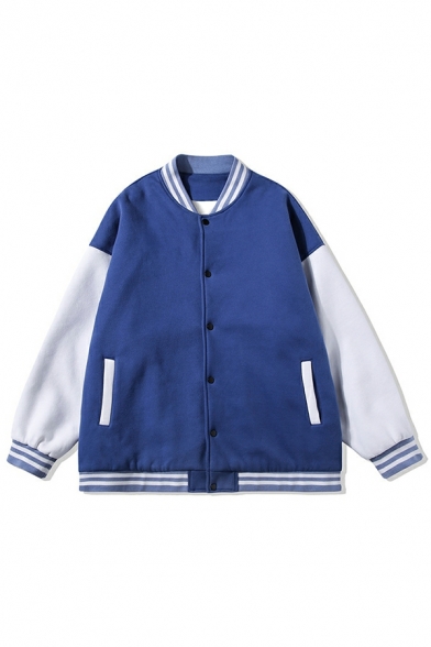 Mens Unique Jacket Contrast Stripe Pocket Stand Collar Relaxed Button Fly Baseball Jacket