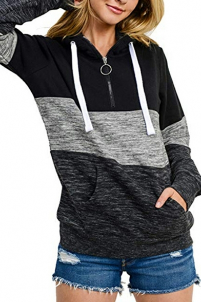 Retro Hoodie Color-blocking Pocket Long Sleeves Regular Hooded Drawstring Hoodie for Girls