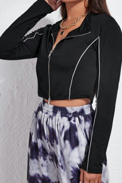 Women Retro Casual Jacket Contrast Line Pattern Full Zipper Casual Jacket