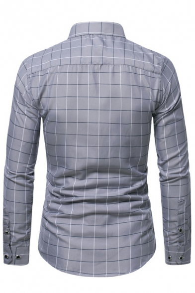 Boy's Unique Shirt Checked Print Turn-down Collar Slim Long Sleeve Button-up Shirt