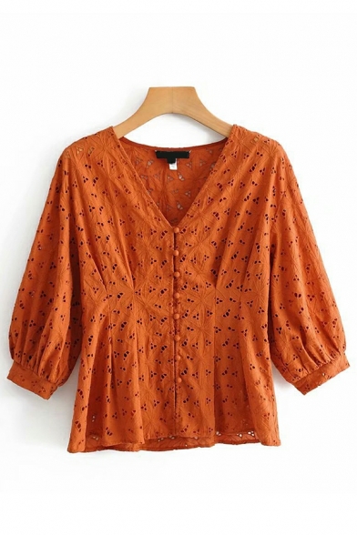 Edgy Women Shirt Solid Button down V-neck Hollow Out 3/4 Length Sleeve Regular Shirt