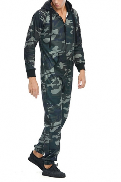 Elegant Men Jumpsuits Plain Drawstring Hooded Long Sleeve Zip Placket Pocket Jumpsuits
