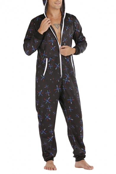 Fancy Jumpsuits All over Cross Print Hooded Full-Zip Long-Sleeved Maxi Jumpsuits for Men
