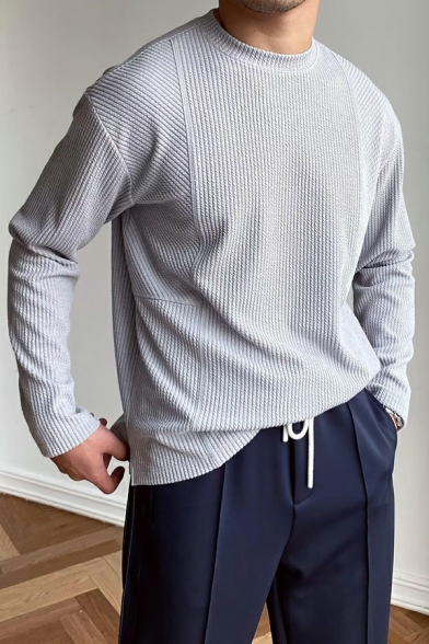 Men Elegant Sweatshirt Stripe Print Round Neck Ribbed Trim Sweatshirt