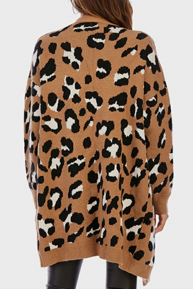 Retro Cardigan Leopard Print V-Neck Pocket Detailed Open Front Cardigan for Women